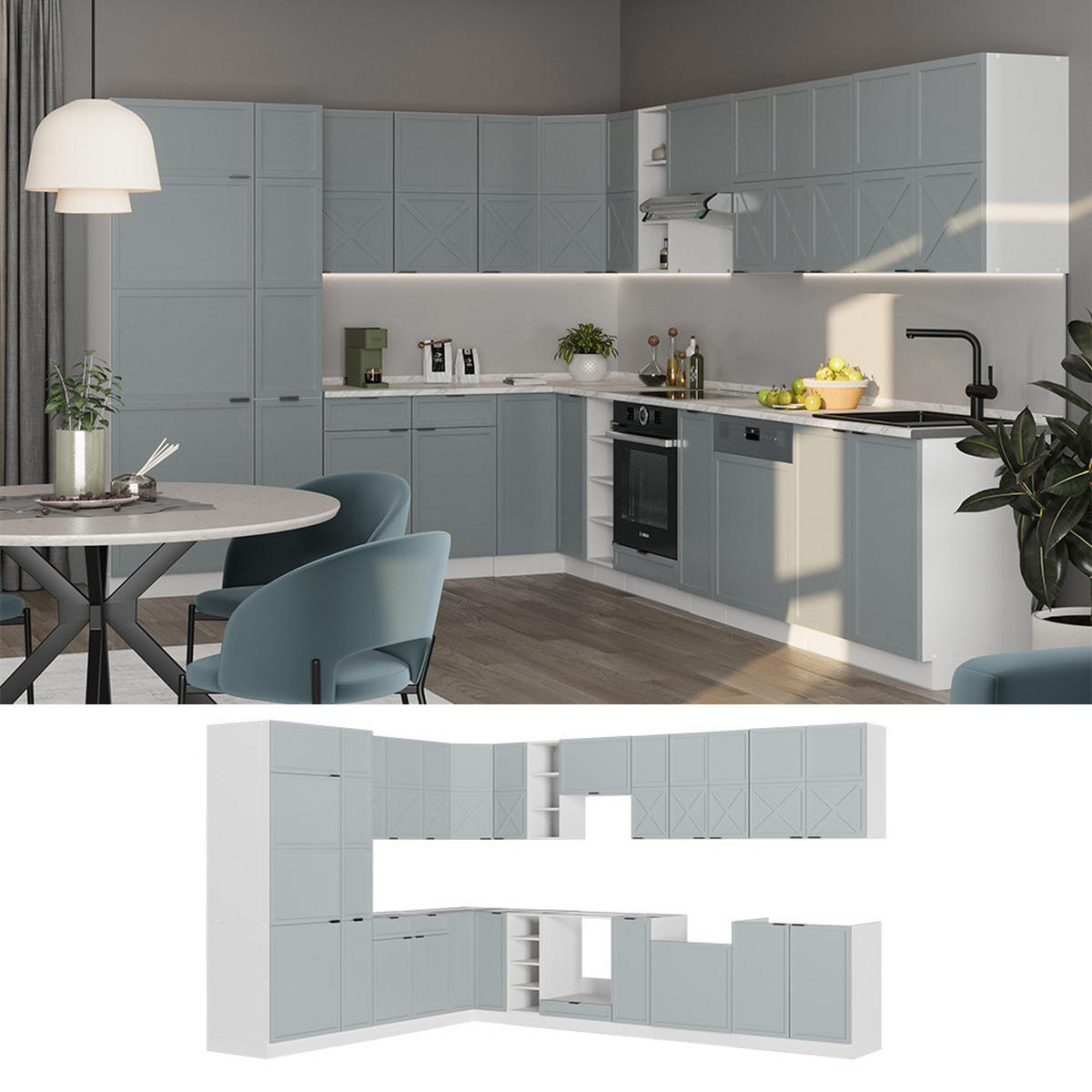 ECKKÜCHE Fame-Line Hellblau-grau/Weiß 347 x 257 cm ohne AP - Weiß/Hellblau, Holzwerkstoff (347/81.6/46cm) - Vicco