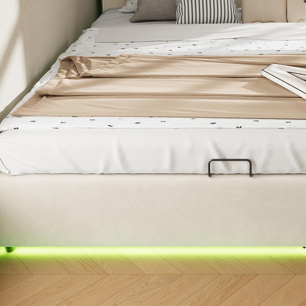 POLSTERBETT 140/200 cm in Beige mit Bettkasten, 3 Schubladen und LED aus Samt - Beige, Holzwerkstoff/Textil - STILVORA