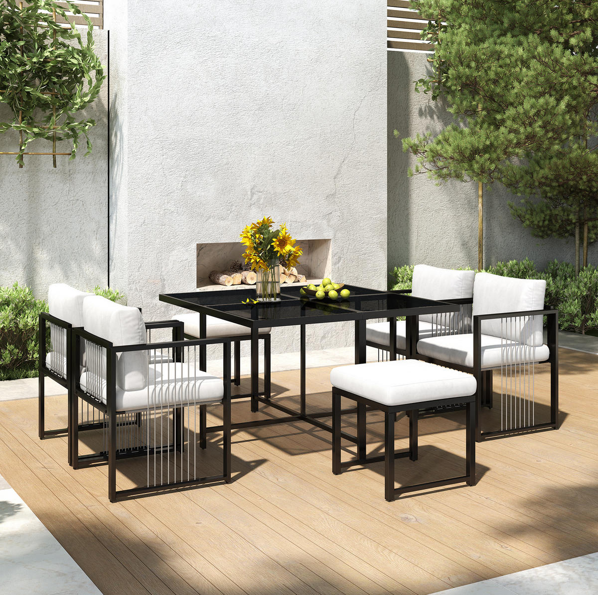 GARTEN-ESSGRUPPE 7-tlg. für 6 Personen 117x117 cm Schwarz/Weiß - Beige, Metall - Beauniv