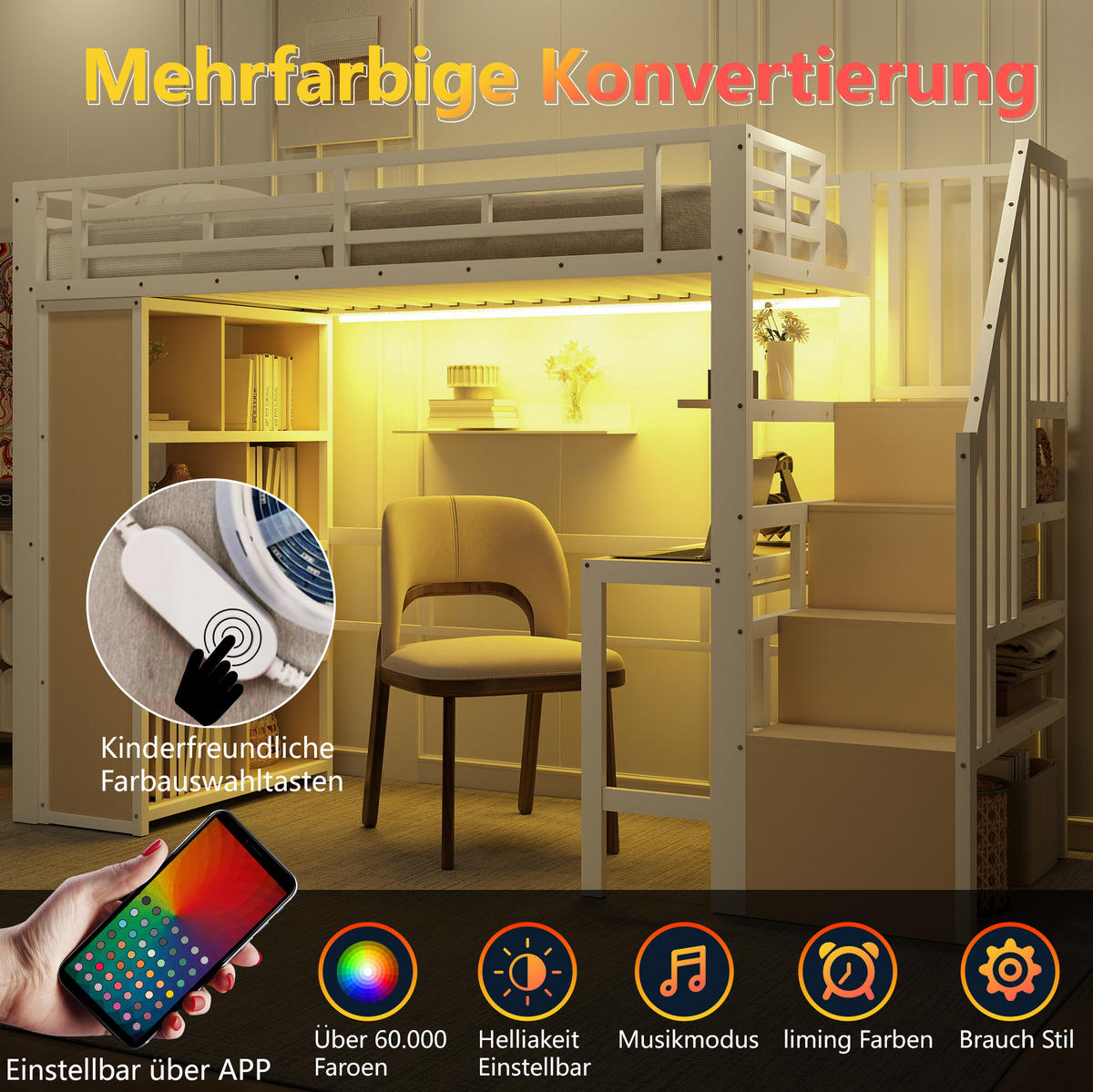 HOCHBETT aus Metall und MDF 90x200 cm Weiß mit Schreibtisch, Stauraumtreppe und LED-Beleuchtung - Weiß, Metall (90/200cm) - IVMEU