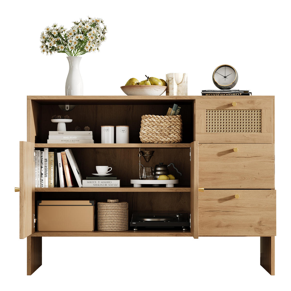 SIDEBOARD aus Spanplatte 40x105x76 cm Natur mit 2 Türen, 3 Schubladen und offenem Fach in Rattan-Optik - Naturfarben, Holzwerkstoff (105/76/40cm) - Modfu