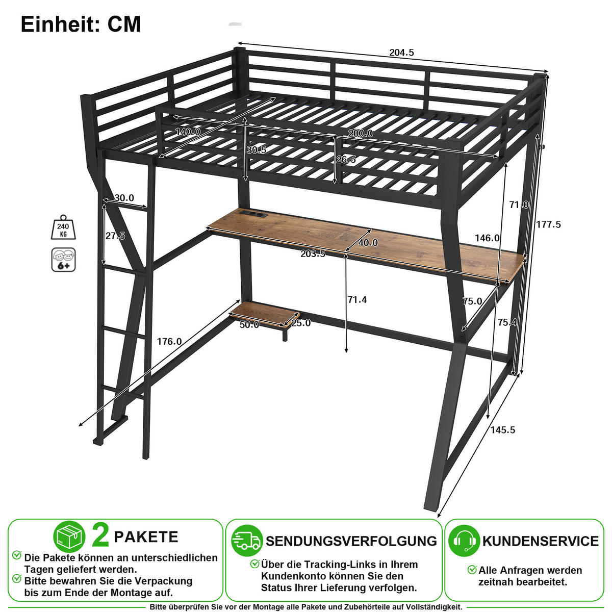 VYVÝŠENÁ POSTEL 140/200 cm v černé barvě s LED osvětlením, stolem a USB - černá, kov/kompozitní dřevo (140/200cm) - CHICFURN