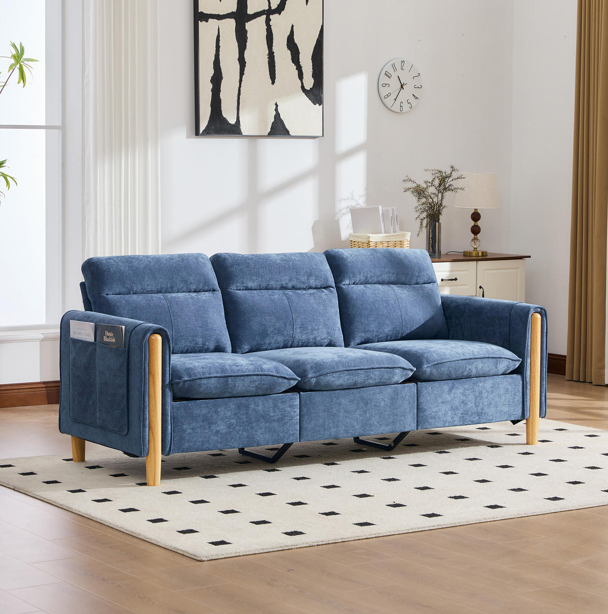 SOFA 201/77/86 cm in Blau aus Chenille mit Stauraumhocker - Blau, Textil (77/86/201cm) - Flora Grace