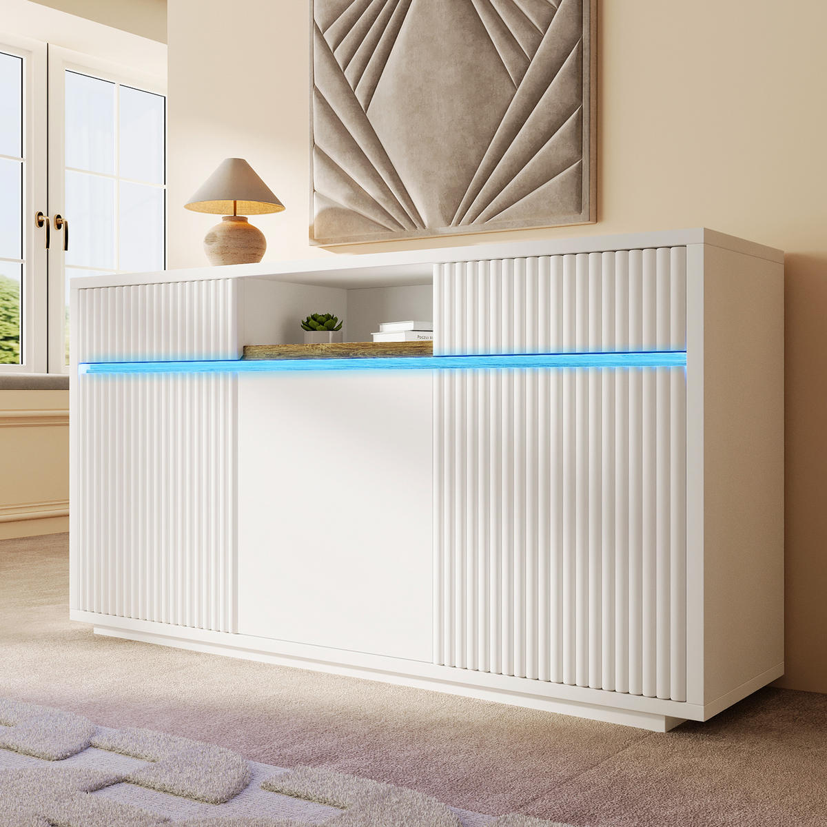 SIDEBOARD aus MDF und Spanplatte 140x40x85 cm Weiß mit LED-Beleuchtung, 2 Schubladen und verstellbaren Einlegeböden - Weiß, Holzwerkstoff (140/85/40cm) - Modfu