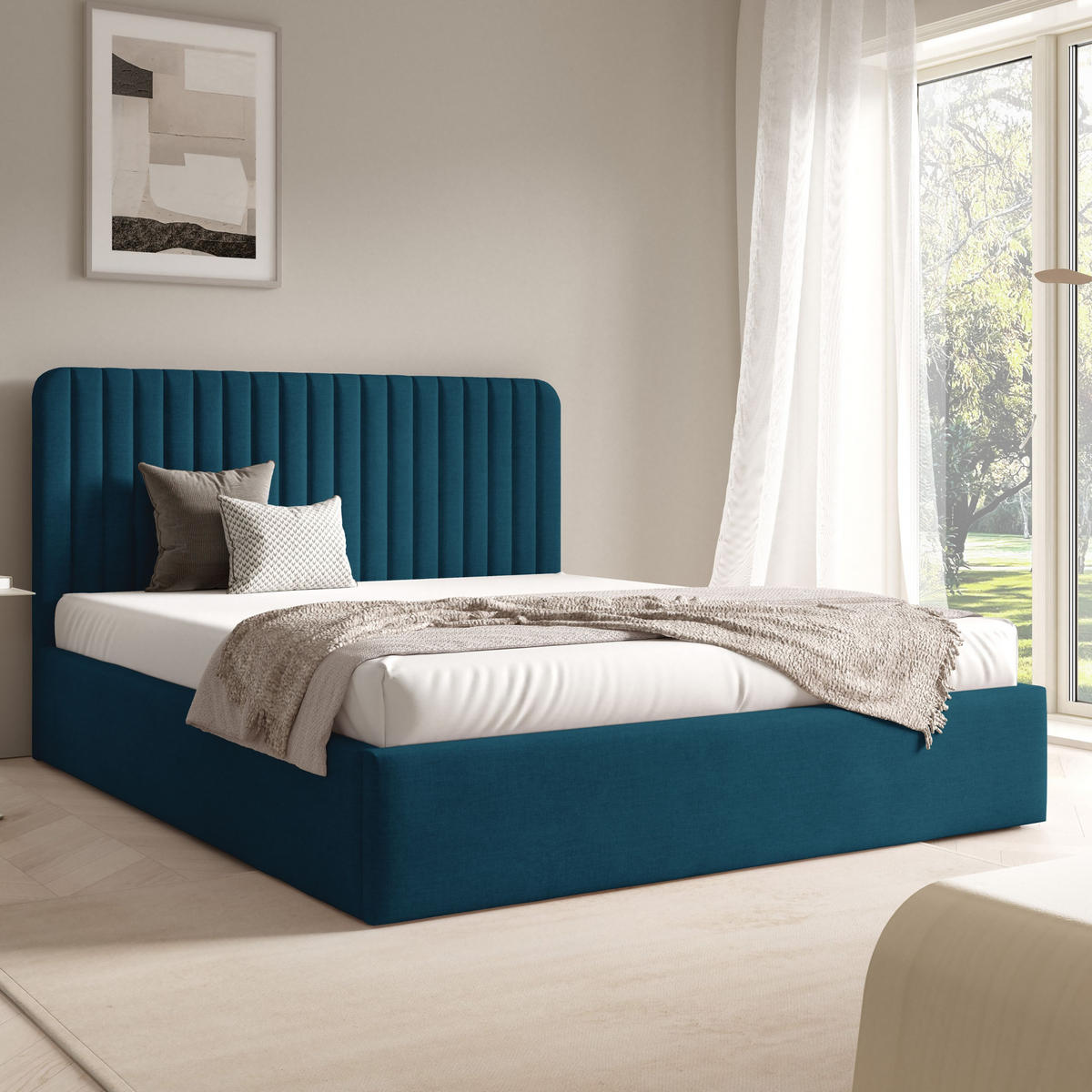 POLSTERBETT BEA II mit Bettkasten 180x200,Doppelbett mit Stauraum,Lattenrost,Boxspringbett-Optik,ohne Matratze-Dunkelblau - Dunkelblau, Holz (180/200cm) - Furnistar