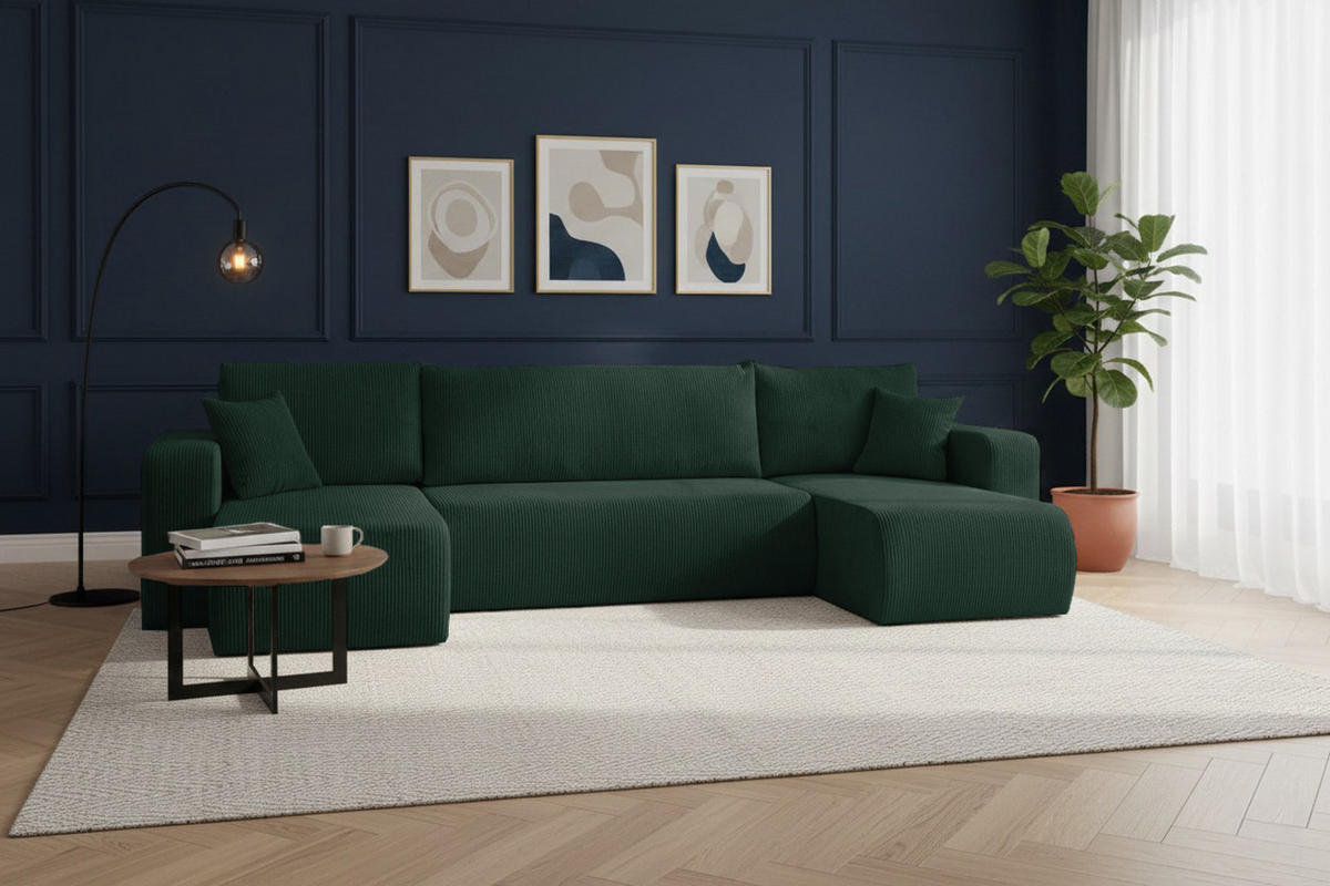 WOHNLANDSCHAFT LUNA U-FORM mit Schlaffunktion und Bettkasten (Grün) - Grün, Textil (312/83/142cm) - VENASI MÖBEL