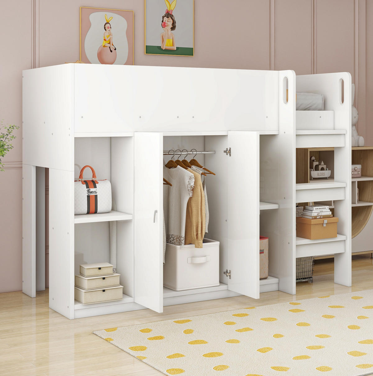 HOCHBETT 90/200 cm mit Leiter, Schrank und Regalen aus Holzwerkstoff, platzsparend mit Stauraum, Weiß/Grau - Weiß, Holzwerkstoff (90/200cm) - Redom