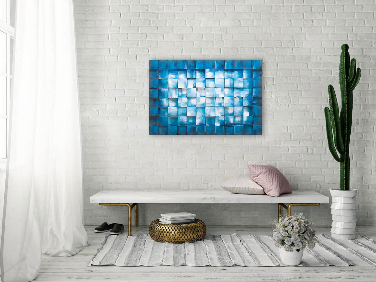 HOLZBILD Blau 90/60 cm - Blau/Weiß, Holz (4.5/60cm) - KUNSTLOFT