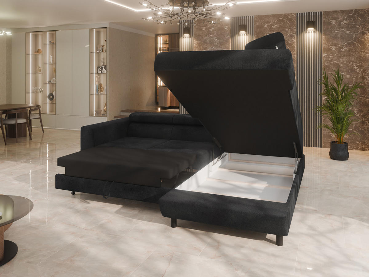 ECKSCHLAFSOFA Vena III mit Schlaffunktion und Bettkasten, Rechts montierbar, Schwarz - Dunkelgrau, Holz (254/199cm) - Homesy