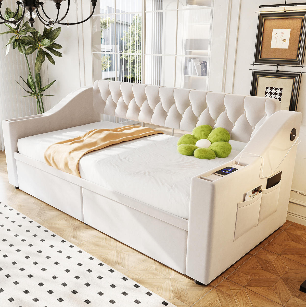 POLSTERBETT 90/190 cm aus Samt mit Stauraum und USB- und Type-C-Anschlüssen - Beige, Textil (90/190cm) - Flora Grace
