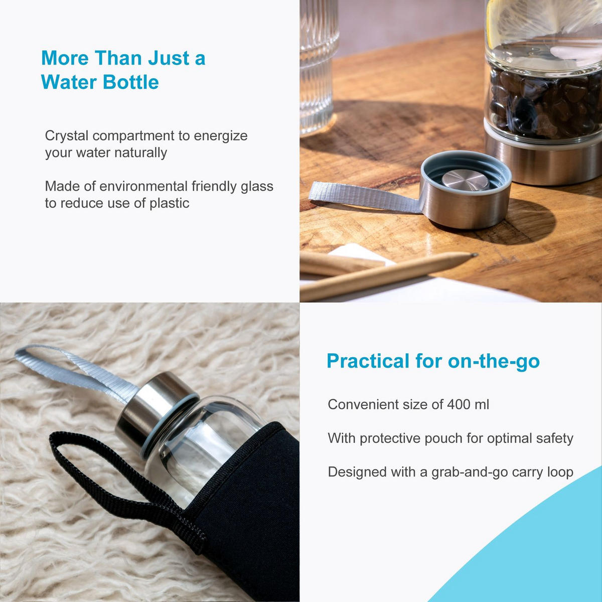 WASSERFLASCHE mit Heilsteinen und Tasche 400ml - Schwarz, Glas (0.4L) - Intirilife