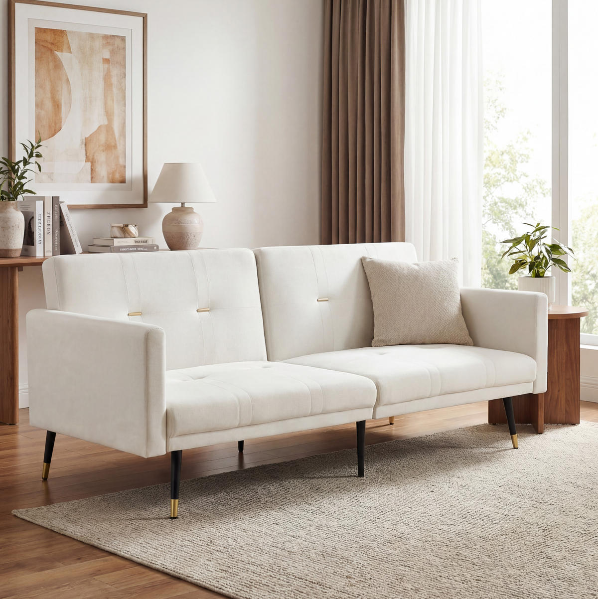 2-SITZER Schlafsofa aus Samt mit 5-fach verstellbaren Rückenlehnen Beige - Beige, Textil (89/70/164cm) - Modenvie