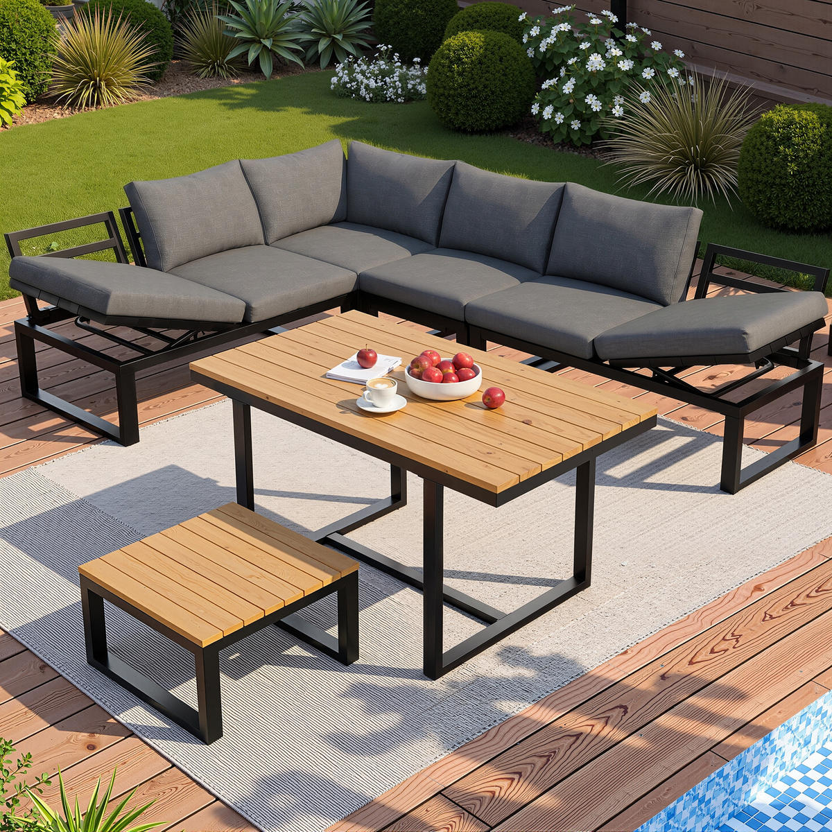 GARTENLOUNGE-SET für 6 Personen Garten-Essgruppe Ecksofa mit verstellbarer Rückenlehne - Schwarz/Naturfarben, Textil/Metall - STILVORA