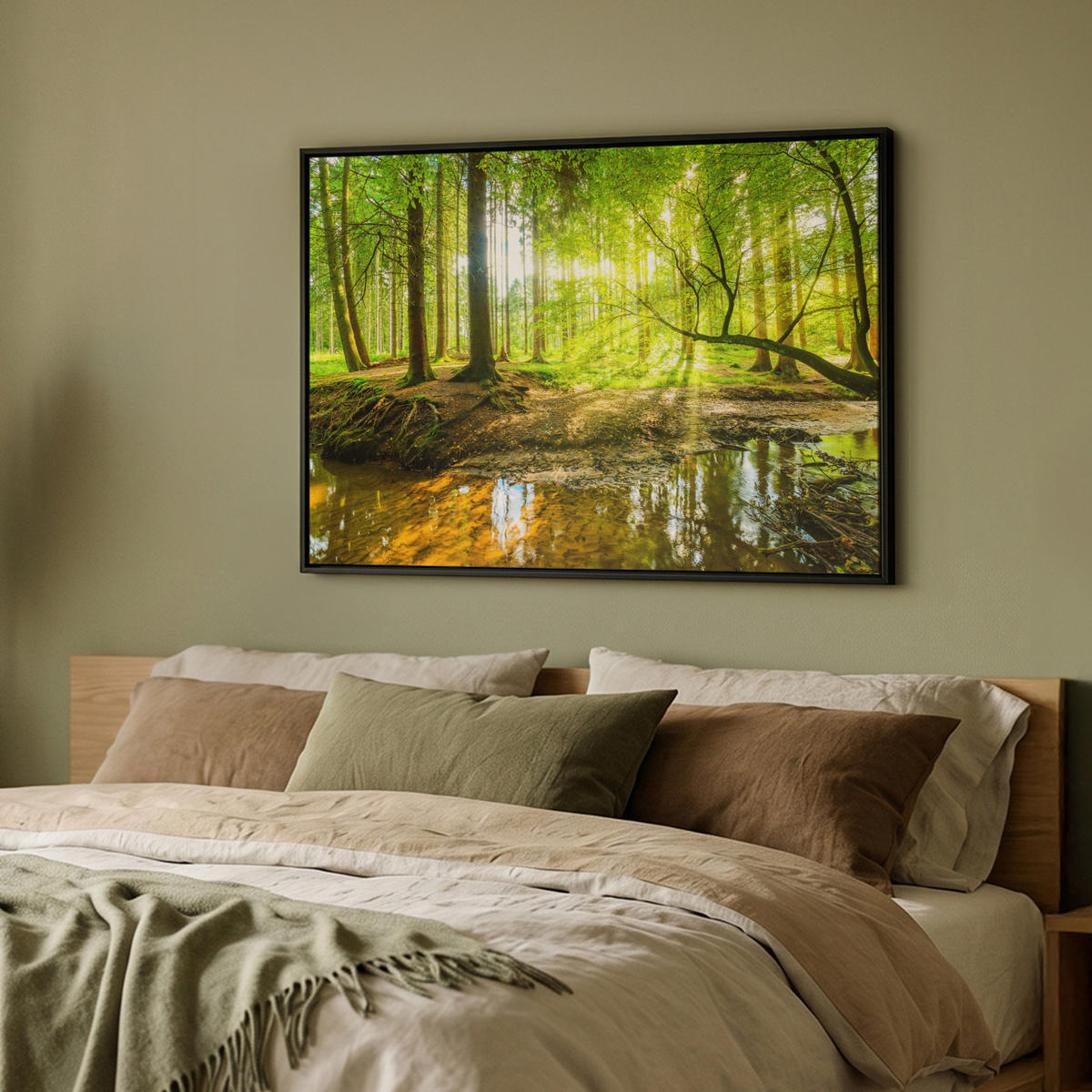 LEINWAND Bilder mit Rahmen - Wald - Landschaft - Wasser - Bäume - Sonne - Grün - Natur - 100x70 - Grün, Textil (100/70cm) - MuchoWow