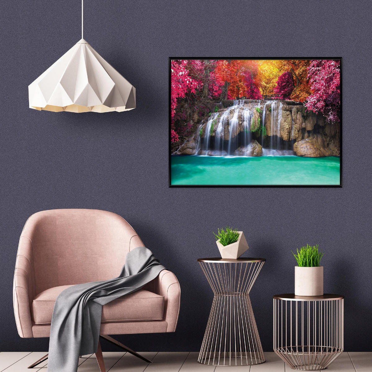 BILDER mit Rahmen Wasserfall Wald Bunt 100x70 cm - Multicolor, Holzwerkstoff (100/70cm) - Wallarena