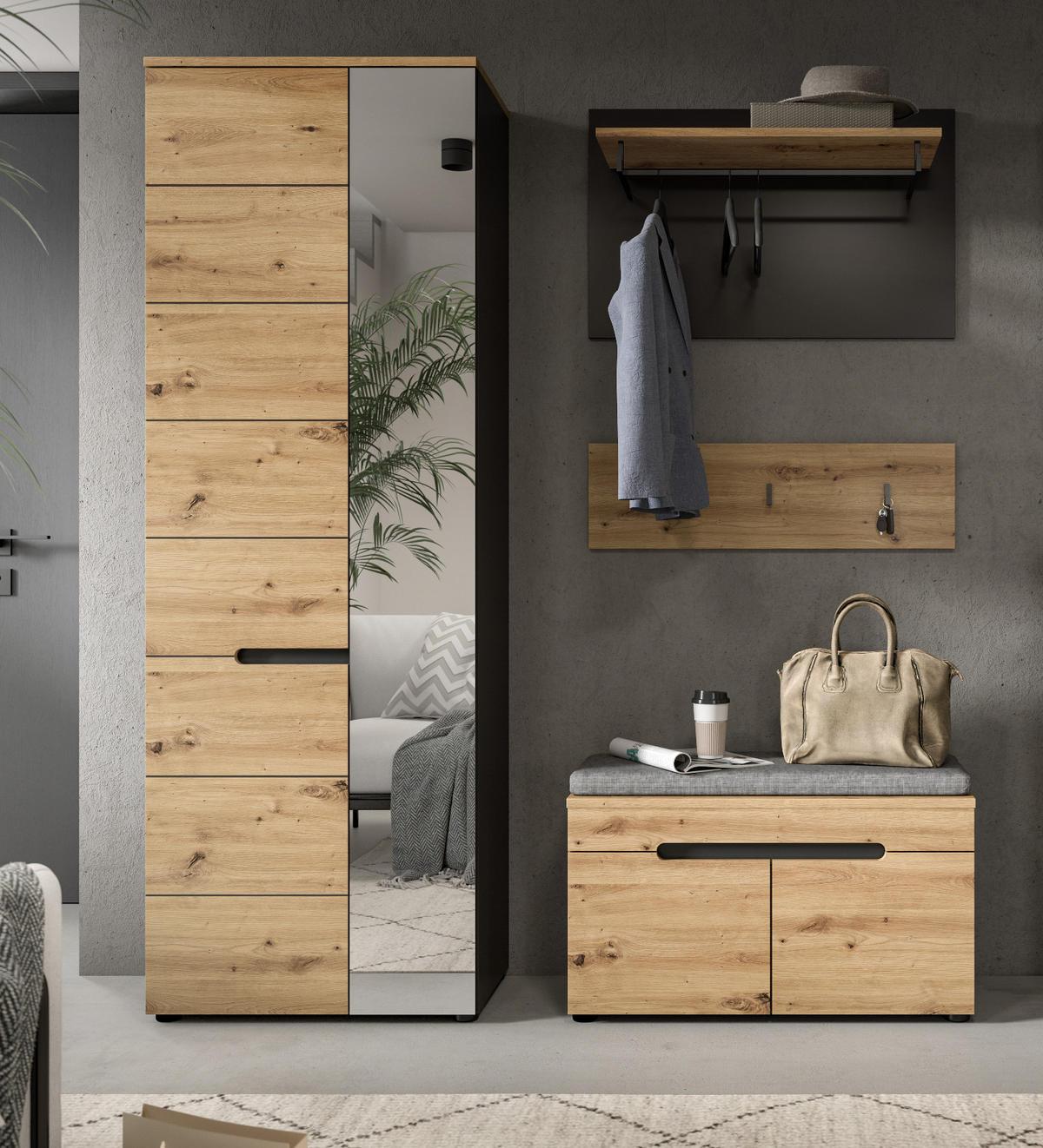 GARDEROBE Set 4-teilig Eiche Artisan und grau 160 cm, mit Soft-Close - Schwarz/Eiche Artisan, Glas/Holzwerkstoff (160/190/37cm) - Inn.Furn