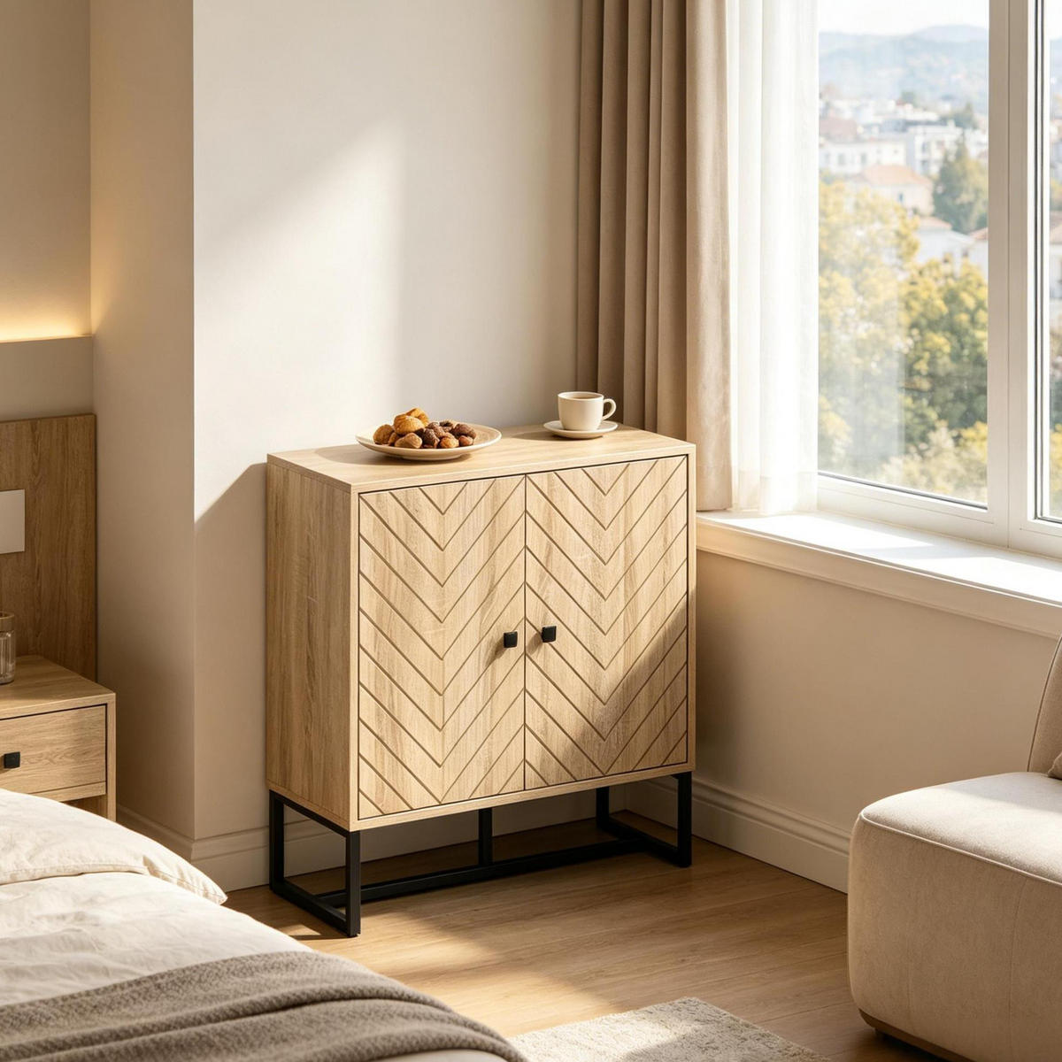 SIDEBOARD in Schwarz und Naturholz 80x29,5x80 cm mit verstellbaren Einlegeböden - Schwarz, Holzwerkstoff (29.5/80/80cm) - IVMEU