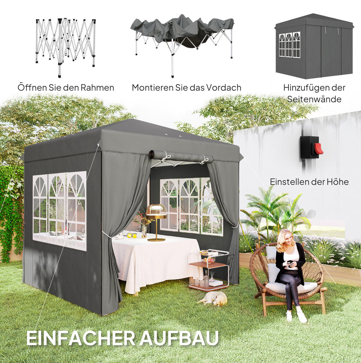 FALTPAVILLON 250/250/268 cm höhenverstellbar mit 4 Seitenteilen, UV-Schutz und Rolltasche aus Polyester, Dunkelgrau - Dunkelgrau, Textil (250/268/250cm) - Redom