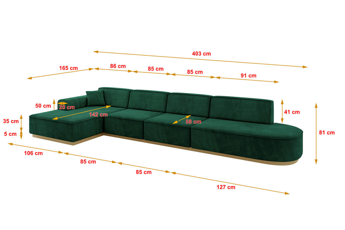 ECKSOFA Ottomane Links IREA-L3-v2 - 403x165x81 cm Grün - Grün, Holzwerkstoff/Textil (403/165cm) - ALTDECOR