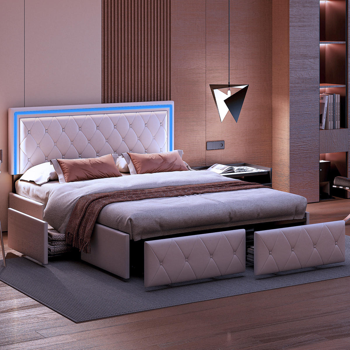 POLSTERBETT 160x200 cm, mit 4 Schubladen, Lattenrost, PU-Beige - Beige, Holzwerkstoff/Textil (160/200cm) - WoodenAura