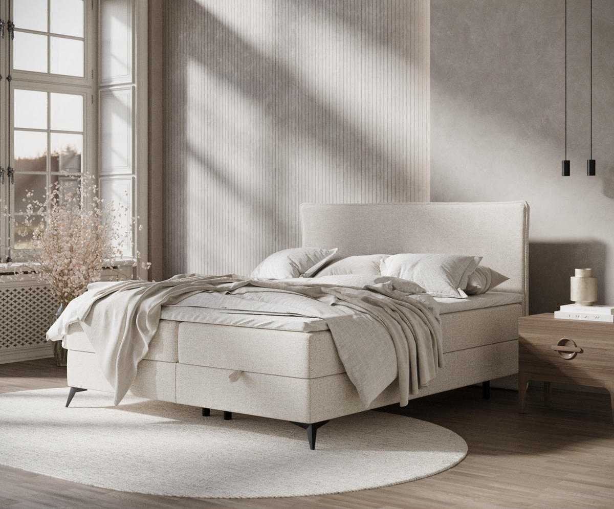 BOXBETT Peru Creme 160/200 cm im Webstoff - Creme/Schwarz, Holz/Holzwerkstoff (160/200cm) - Maison de Reve