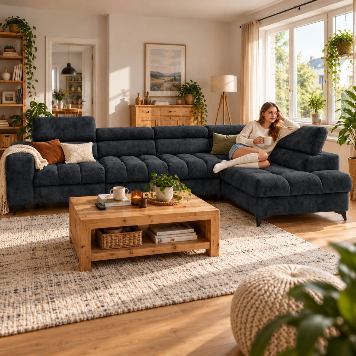 ECKSOFA PUDDING MAXI L Rechts mit Schlaffunktion 125x195 Velours Schwarz - Schwarz, Holz/Textil (203/350cm) - Muffo