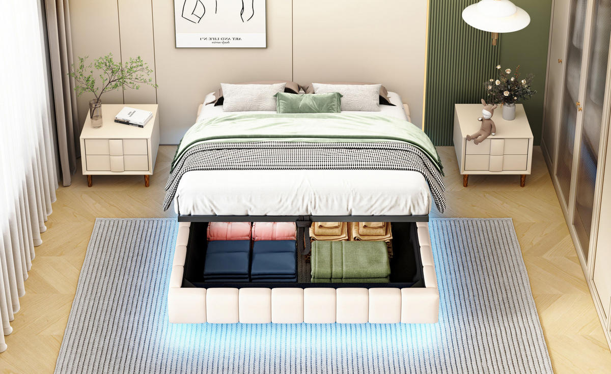 POLSTERBETT 140/200 cm Beige aus Stoff mit LED und Stauraum - Beige, Textil (140/200cm) - OKMYHOME