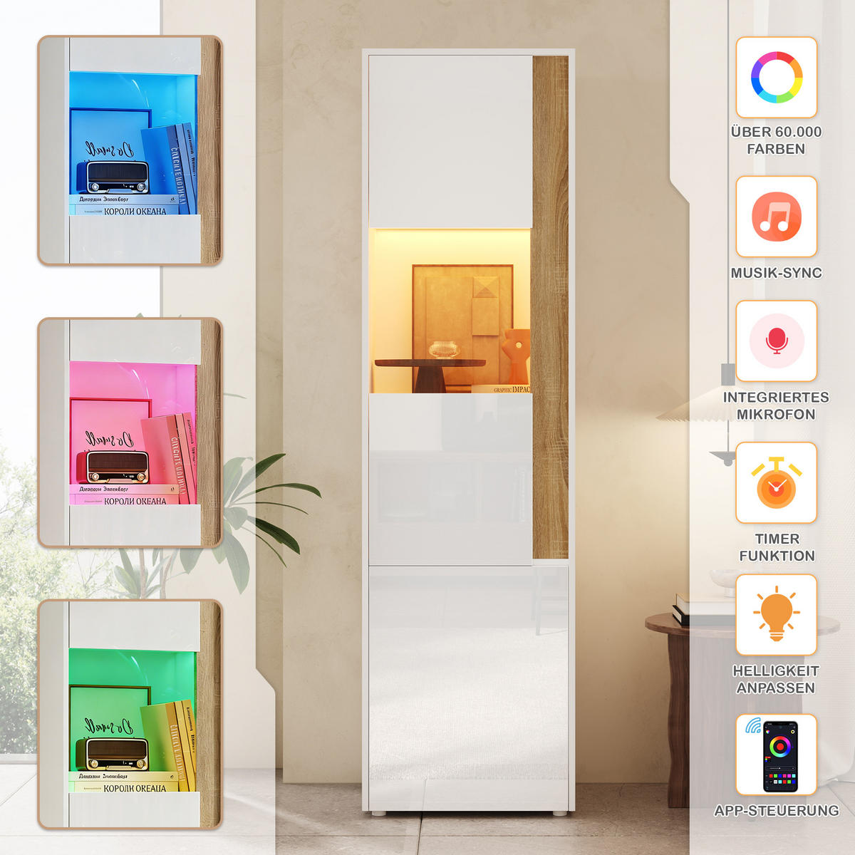 VITRINE LED Acryl Tür 2 Türen Weiß Natur 179cm - Multicolor, Holzwerkstoff (50/179/40cm) - FLIEKS