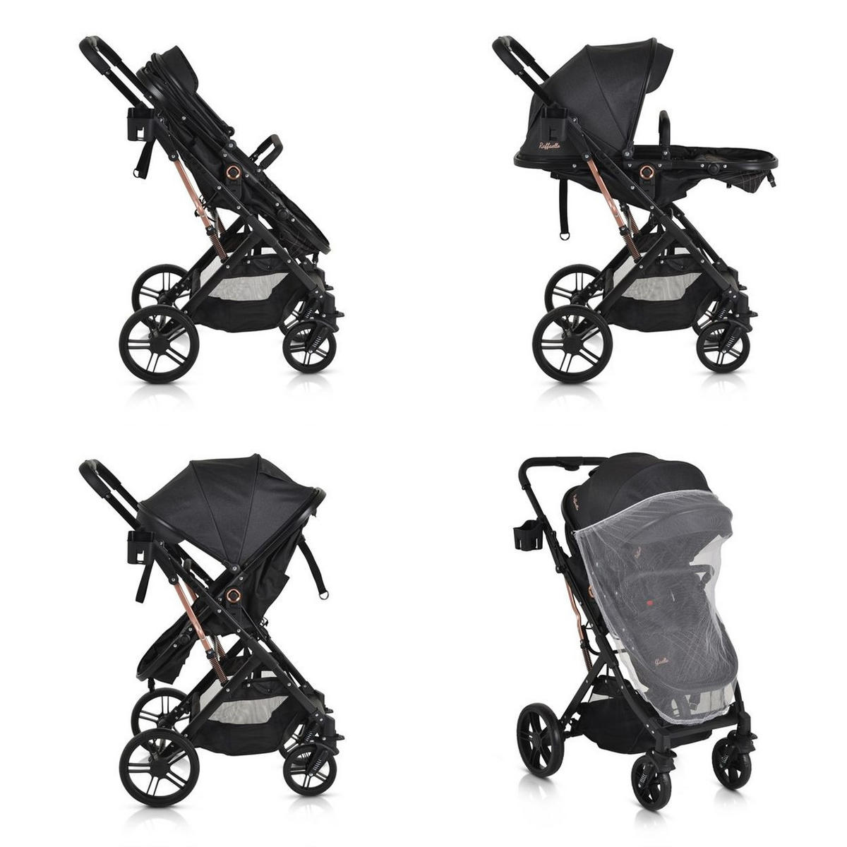 KINDERWAGEN Rafaello 2 in 1 schwarz mbaubar, Sportsitz, Fußabdeckung, Tasche - Schwarz, Metall (96/59/109cm) - Moni