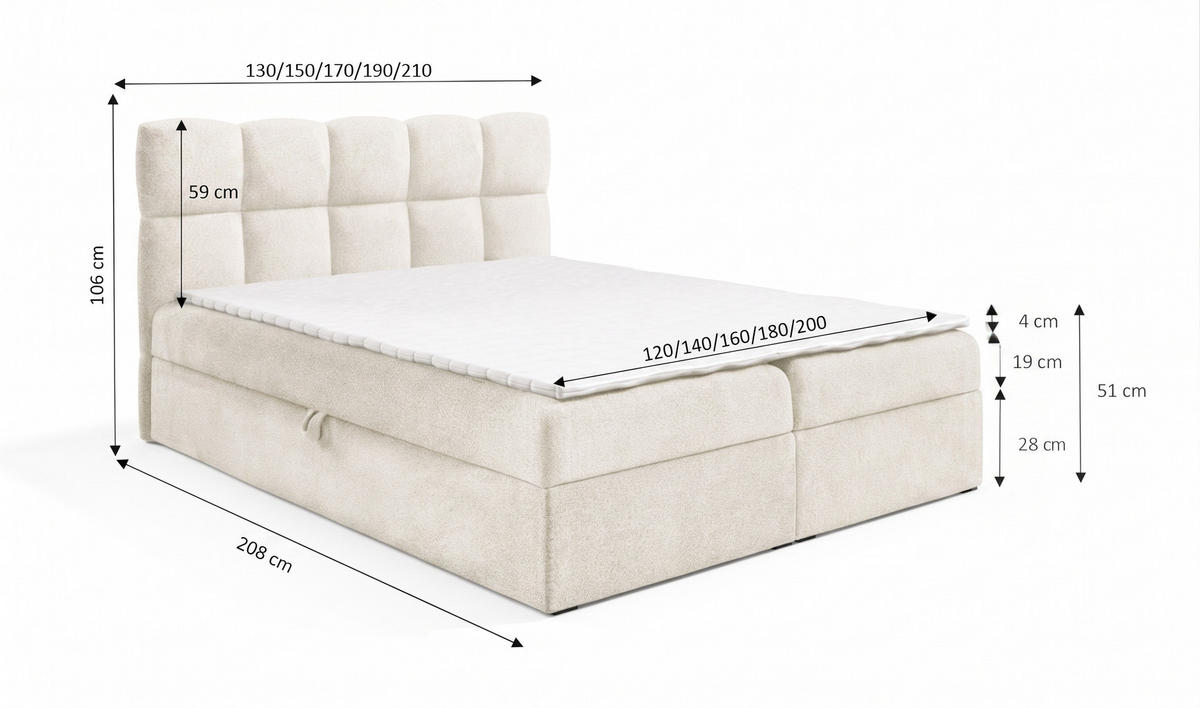 BOXSPRINGBETT mit zwei Stauräume 140x200 cm in Creme - Creme, Textil (140/200cm) - Home Collective