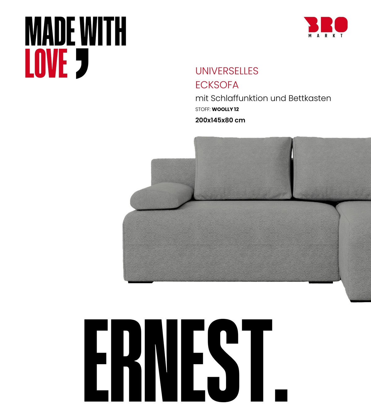 ECKSOFA Ernest mit Schlaffunktion Grau Bouclé - Grau, Textil (200/145cm) - Bromarkt