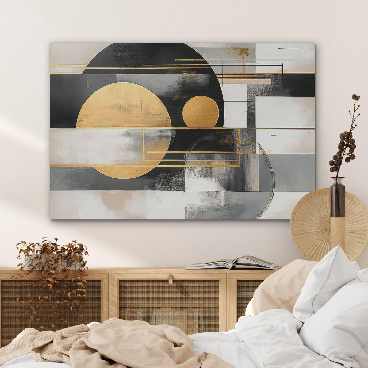 AKUSTIKBILD Abstrakt - Gold - Silber - Formen - Ästhetisch - Modern Akustikpaneele 90x60 cm - Goldfarben, Kunststoff (90/60/0.9cm) - MuchoWow
