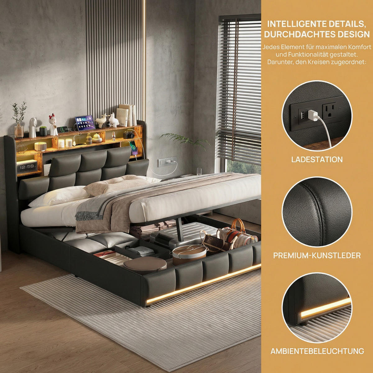 POLSTERBETT 160/200 cm schwarz mit Stauraum, LED und USB - Schwarz, Holz - SHOPENTRA
