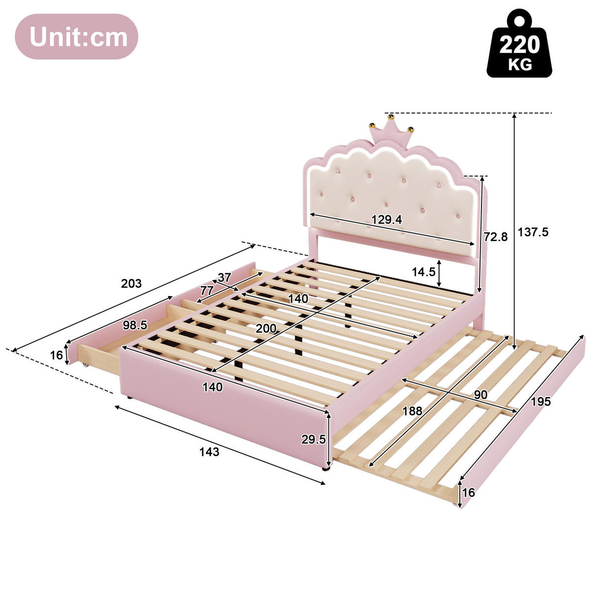 POLSTERBETT 140/200 cm mit LED-Beleuchtung, Ausziehbett, 2 Schubladen und Lattenrost aus PU, Rosa - Rosa, Kunststoff (140/200cm) - Redom