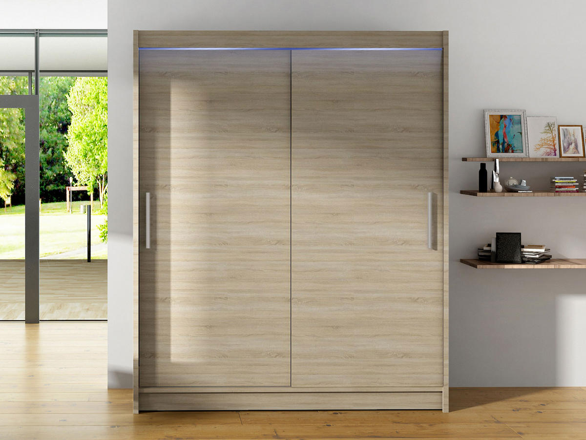 SCHWEBETÜRENSCHRANK Westa I, mit RGB LED Beleuchtung - Silberfarben/Sonoma Eiche, Holzwerkstoff/Metall (150/200/58cm) - MIRJAN24