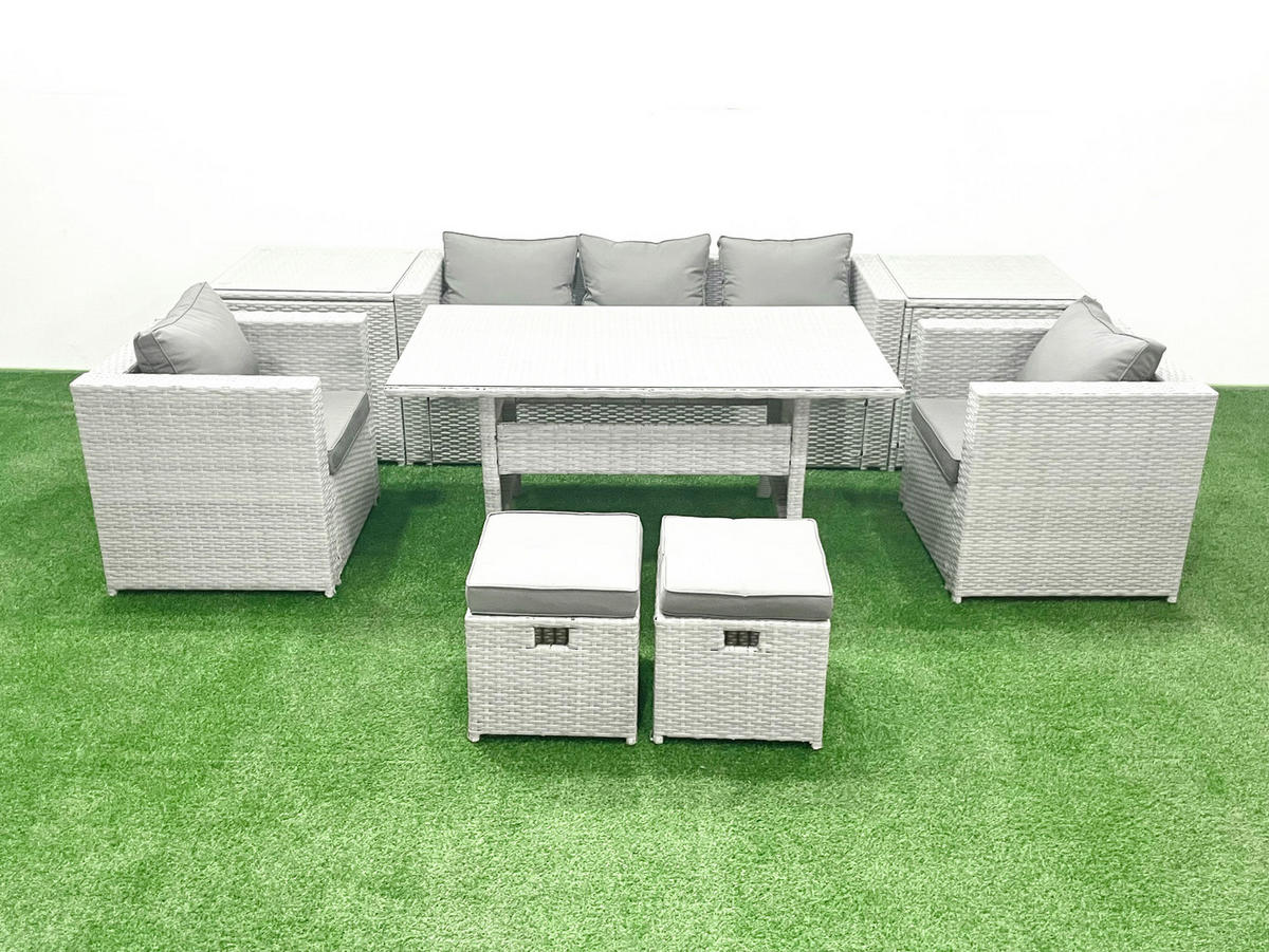 GARTENMÖBEL SET mit Sofa,2 Hockern,2 Beistelltischen Polyrattan Hellgrau 7-Sitzer - Hellgrau/Grau, Glas/Kunststoff - Fimous