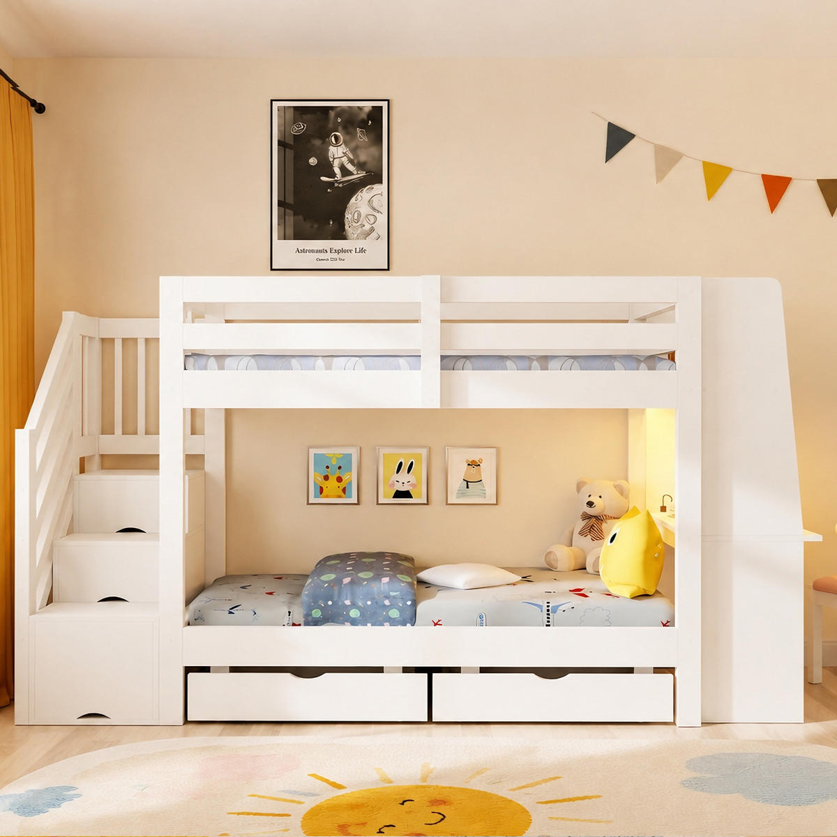 ETAGENBETT 90 x 200 cm mit Schreibtisch, LED und Schubladen, Weiß - Weiß, Holz (90/200cm) - FLIEKS