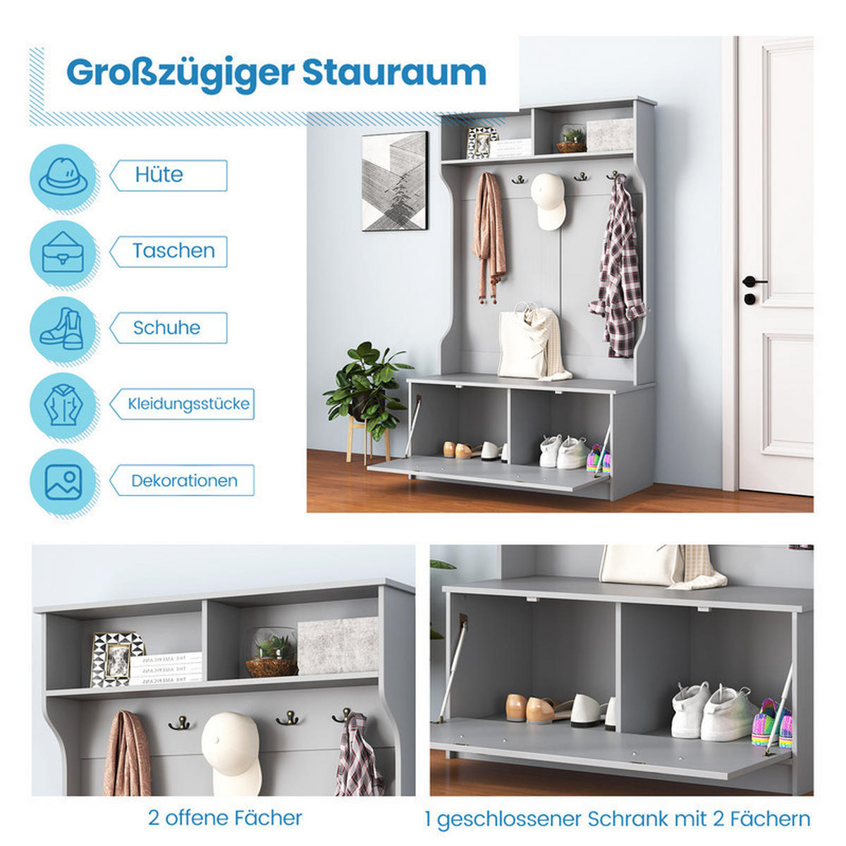 GARDEROBENSTÄNDER mit Sitzbank grau - Grau, Holzwerkstoff (100/160/39cm) - COSTWAY
