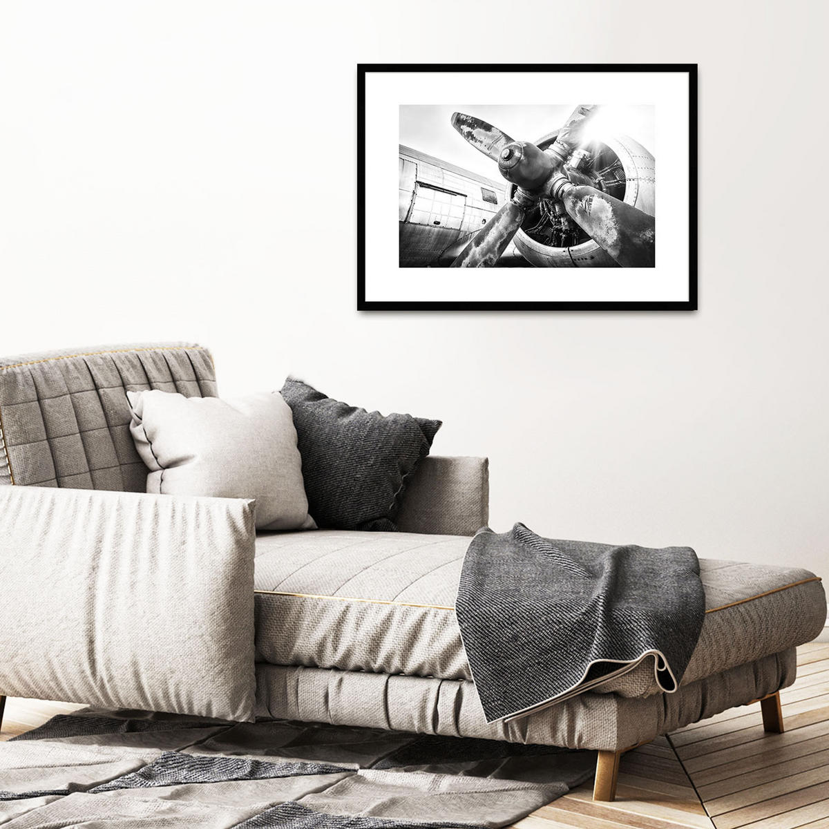 POSTER mit Rahmen 70x50 cm Flugzeug Schwarz-Weiß - Weiß, Papier (71/51cm) - artissimo
