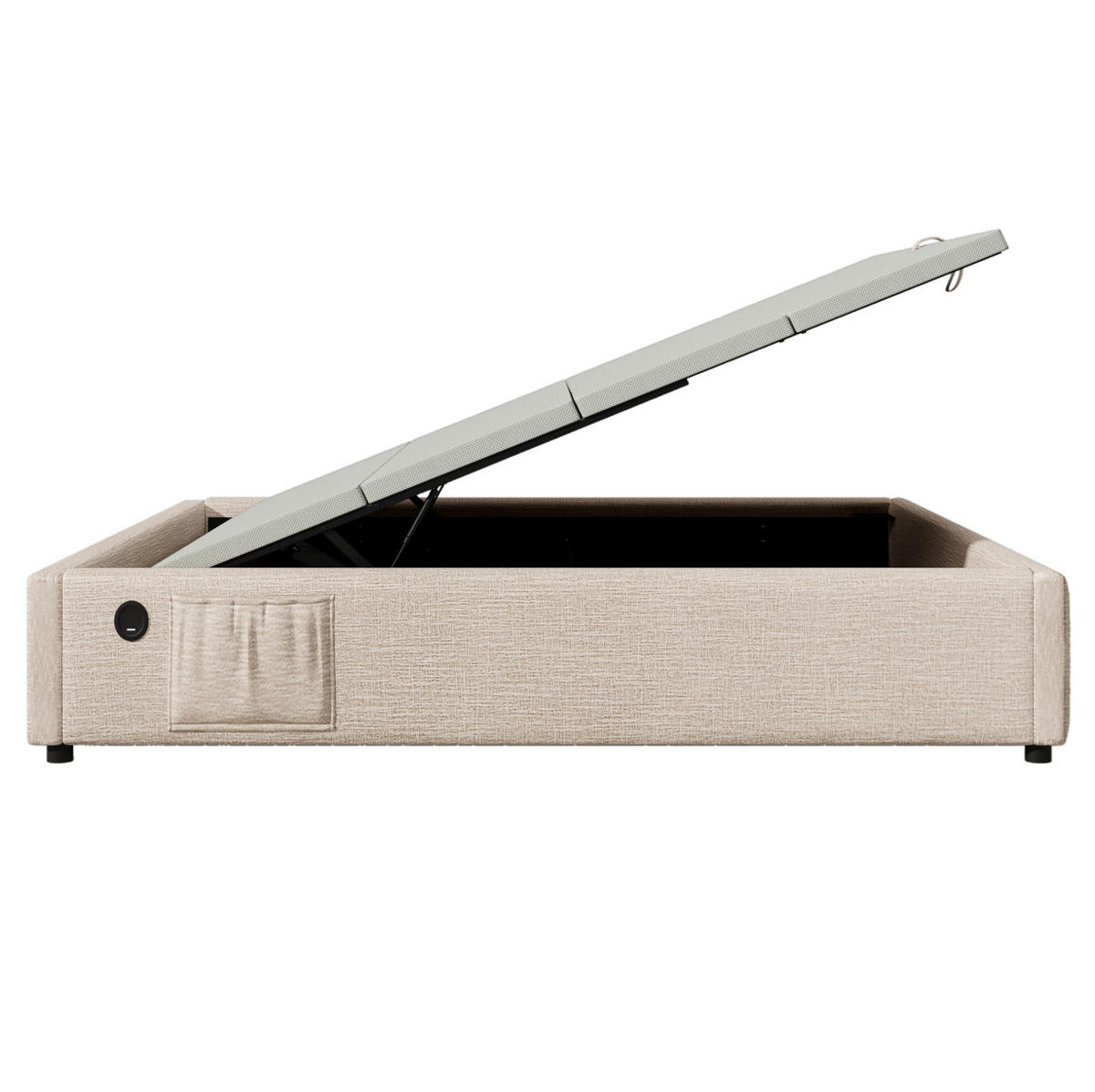 ČALOUNĚNÁ postel 160/200 cm béžová a přírodní z lnu s úložným prostorem a USB-C - béžová, kompozitní dřevo (160/200cm) - OKWISH