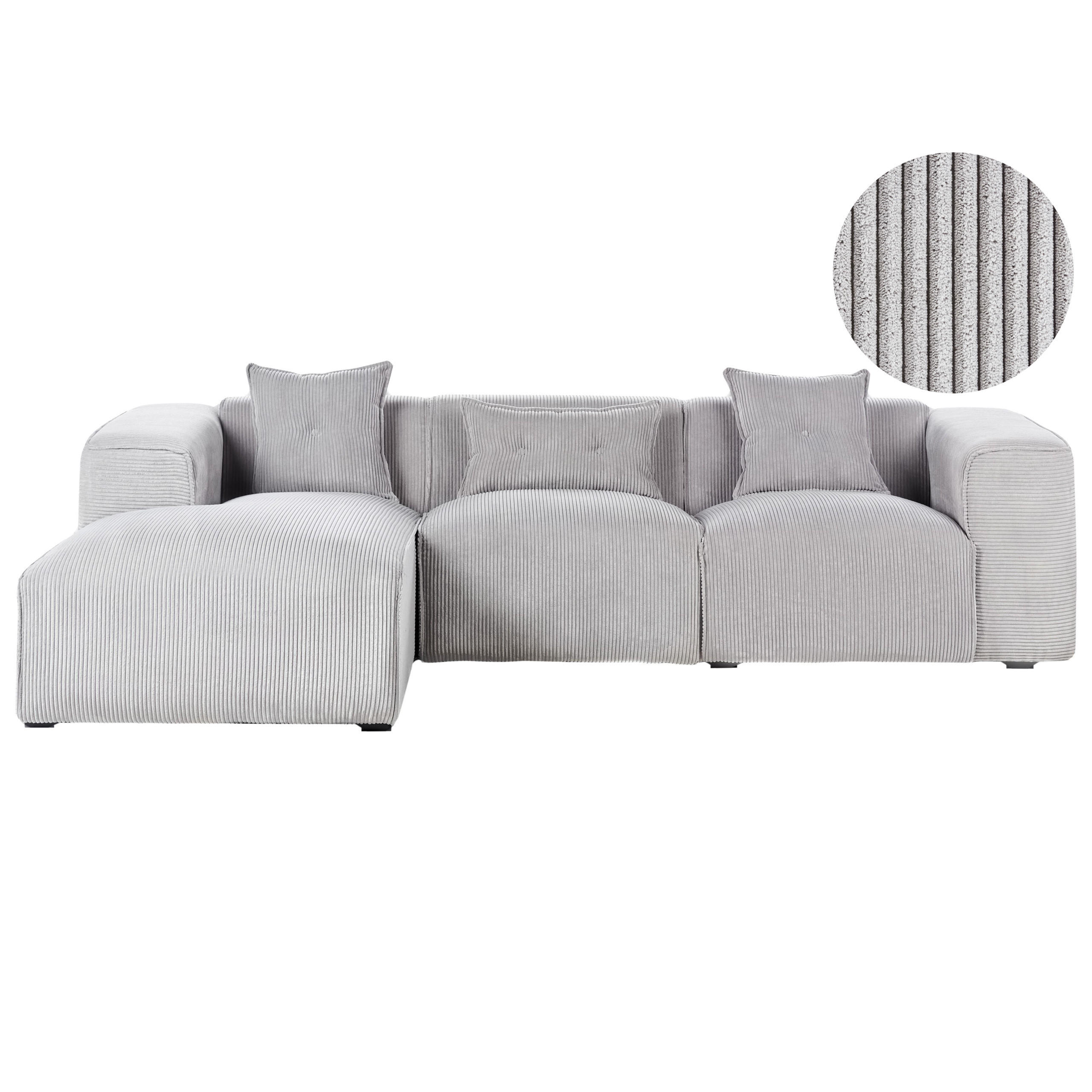 ECKSOFA 3-Sitzer Cord Hellgrau rechtsseitig Dolva - Hellgrau, Textil (294/170cm) - Beliani