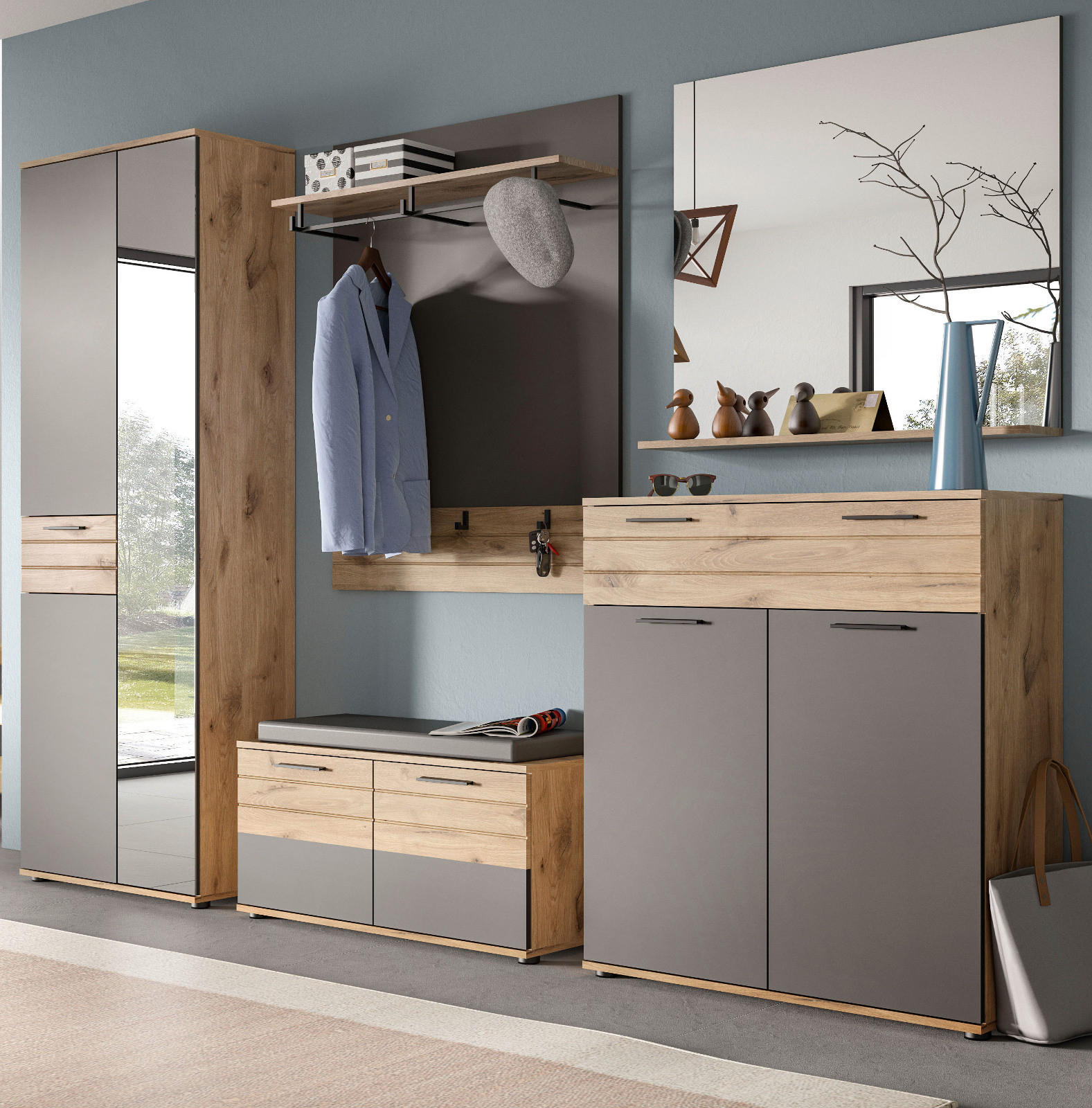 GARDEROBEN-SET Eiche, grau 5-teilig 280 cm mit Soft-Close - Eichefarben/Schwarz, Glas/Holzwerkstoff (195/200/37cm) - Inn.Furn