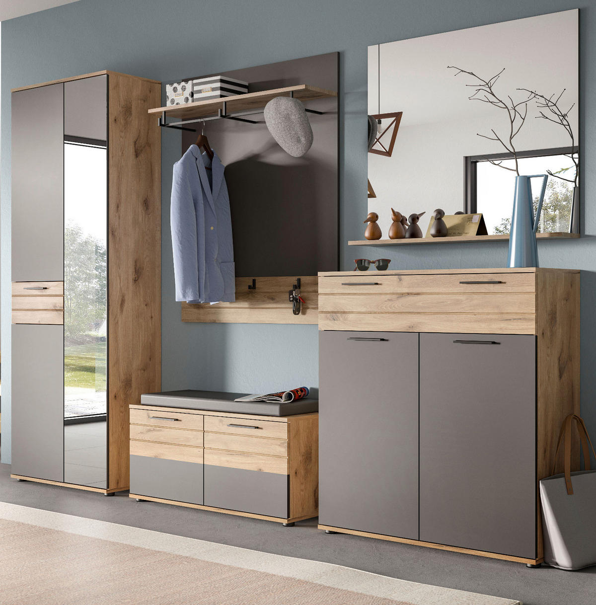 GARDEROBEN-SET Eiche, grau 5-teilig 280 cm mit Soft-Close - Eichefarben/Schwarz, Glas/Holzwerkstoff (195/200/37cm) - Inn.Furn