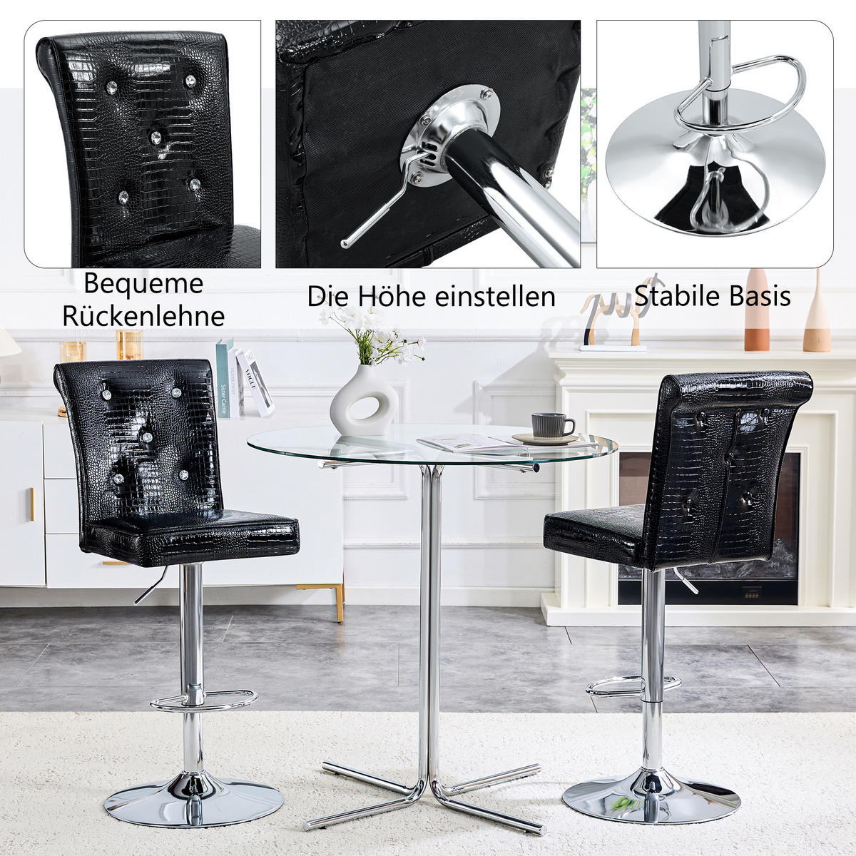 BARHOCKER 4er-Set Schwarz mit Kunstleder und Kristallknöpfen - Schwarz, Kunststoff (55/125/42cm) - PANGIVO
