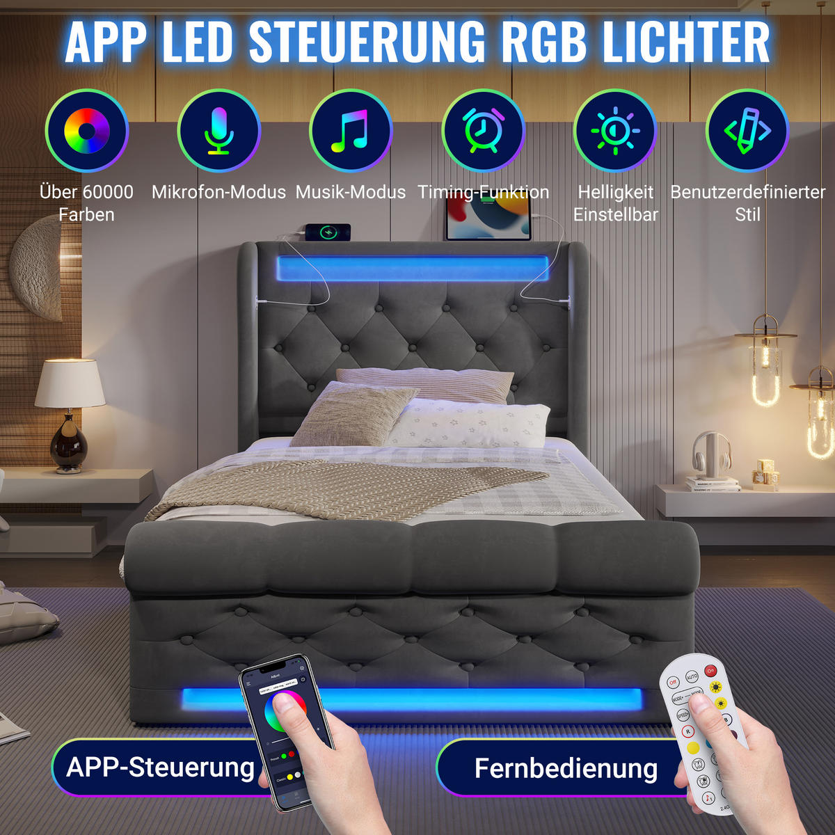 POLSTERBETT 90x200cm Einzelbett LED USB-C & Hydraulik Grau Samt - Grau, Holz (90/200cm) - FLIEKS