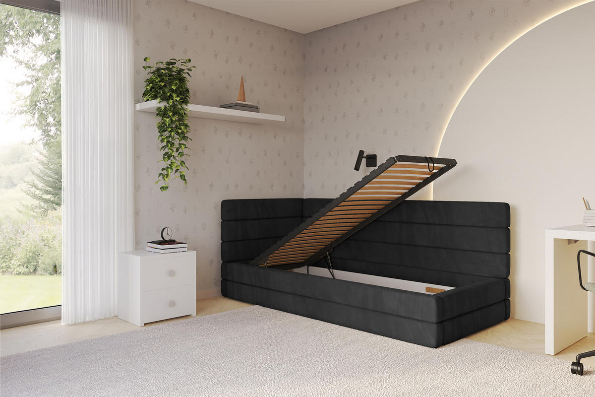 EINZELLBETT Jugendbett mit Bettkasten, Rechts - BEMY 90x200 Schwarz - Anthrazit, Holzwerkstoff/Textil (90/200cm) - ALTDECOR
