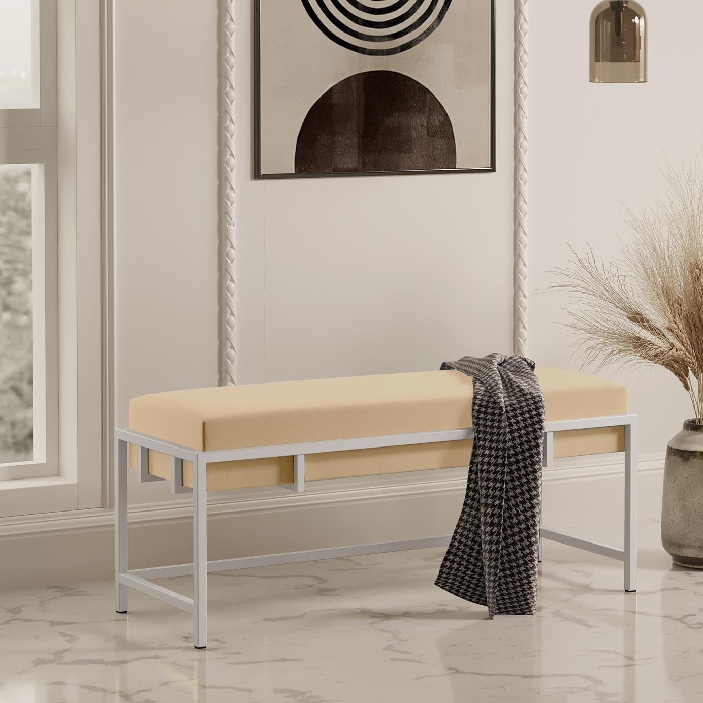 POLSTERBANK LAMO 100 Hellbeige, Weißes Metallgestell - Creme/Weiß, Textil/Metall (100/45/35cm) - Bettso