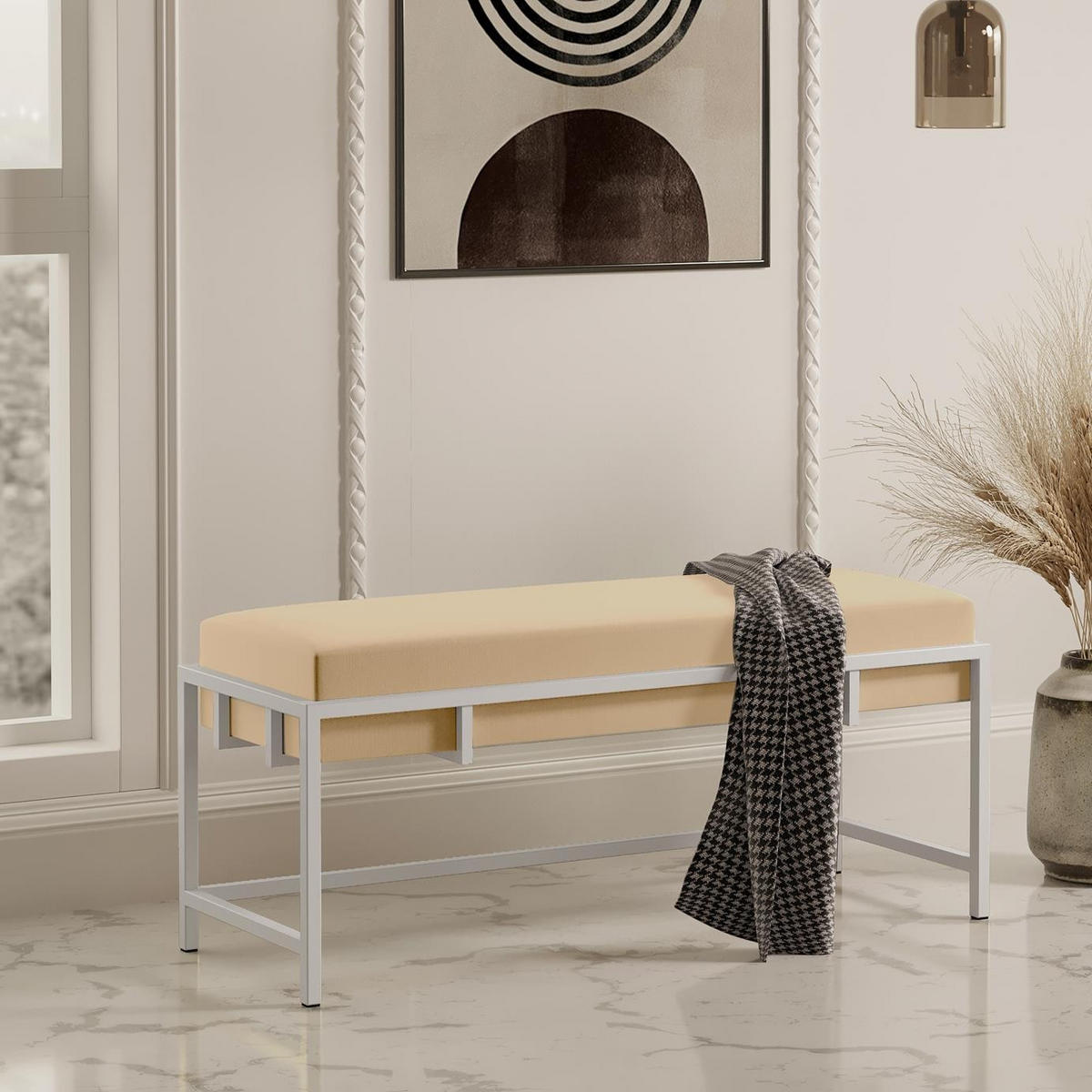 POLSTERBANK LAMO 100 Hellbeige, Weißes Metallgestell - Creme/Weiß, Textil/Metall (100/45/35cm) - Bettso