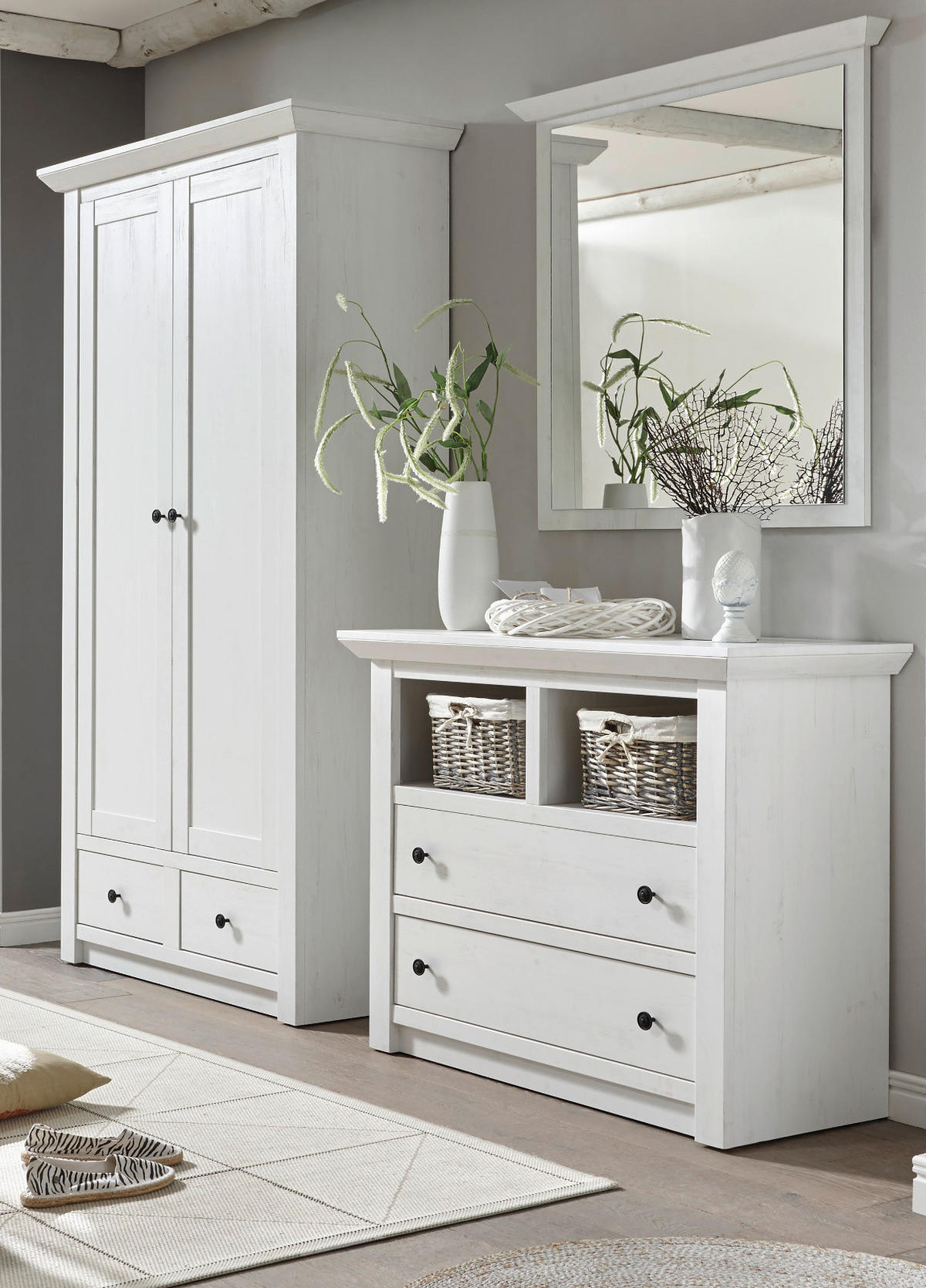 GARDEROBE Pinie weiß Set 3-teilig 220 cm, Garderobenkombination Landhaus - Schwarz/Weiß, Holzwerkstoff/Metall (220/206/45cm) - Furn.Design