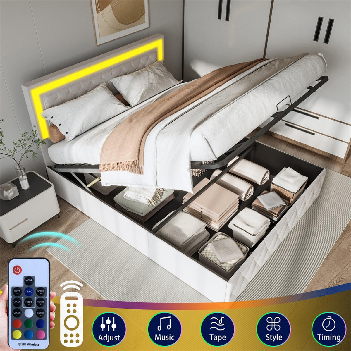 POLSTERBETT 140x200 cm - mit LED-Kopfteil und hydraulischem Bettkasten - Samt - ohne Matratze - Beige - Beige, Textil (140/200cm) - DELFA